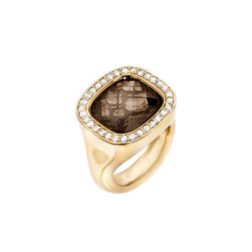 OL Cushion Ring 750 Gelbgold, Brillanten und Rauchquarz