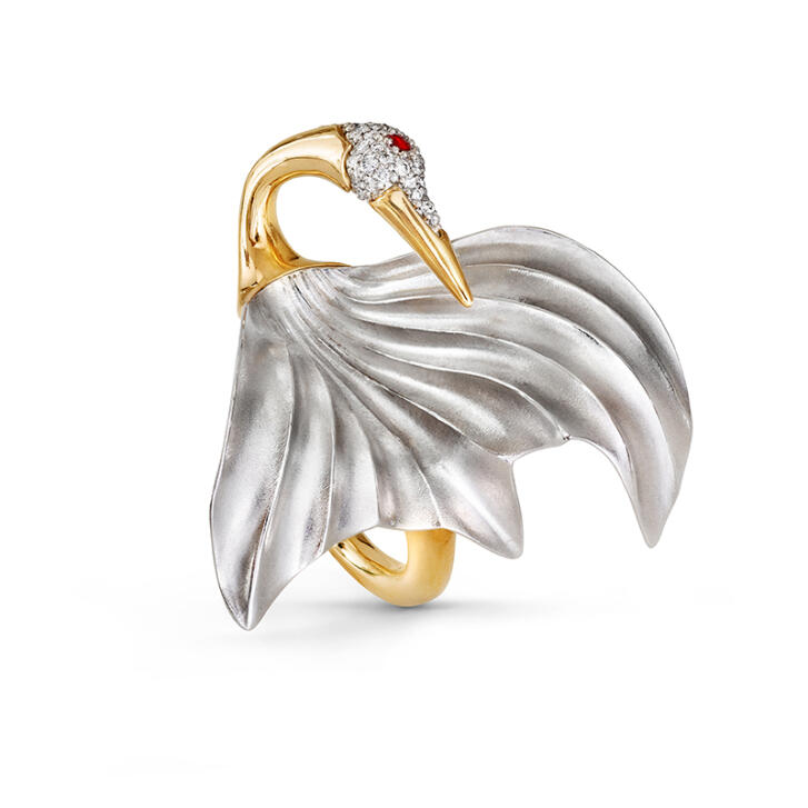 OL Cranes Ring 750 Gelb- und Weißgold mit Brillanten und Rubin