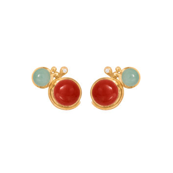 Lotus Ohrstecker Boho 750 Gelbgold mit Aquamarin und Koralle