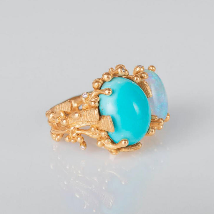 BoHo Ring aus 750 Gelbgold mit Türkis, Opal und Brillanten