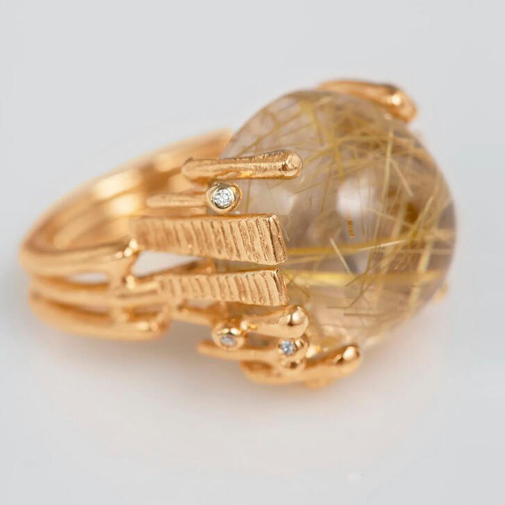 BoHo Ring 750 Gelbgold mit Rutilquarz und Brillanten