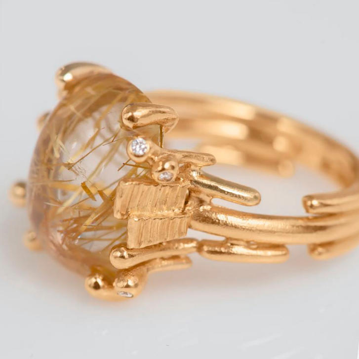 BoHo Ring 750 Gelbgold mit Rutilquarz und Brillanten