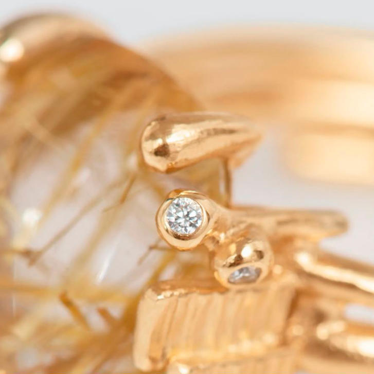 BoHo Ring 750 Gelbgold mit Rutilquarz und Brillanten