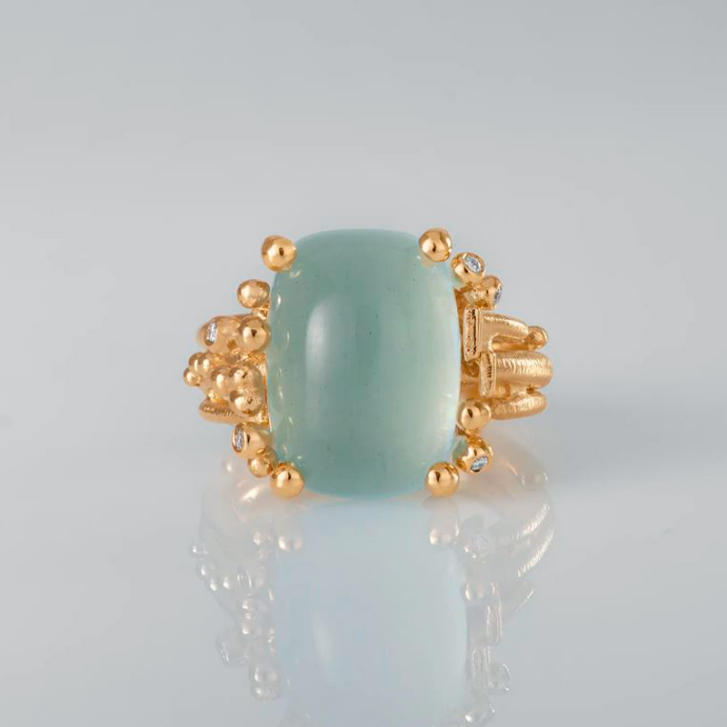 BoHo Ring 750 Gelbgold mit Aquamarin und Brillanten