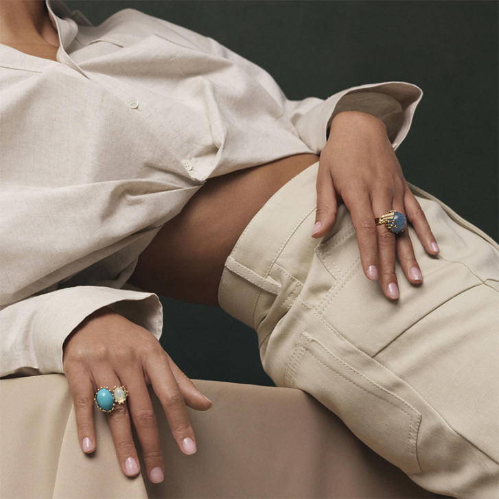 BoHo Ring 750 Gelbgold mit Aquamarin & Brillanten