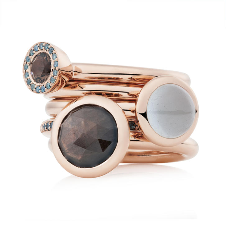 Sushi Ring 750 Roségold mit blauen Brillanten und Rauchquarz