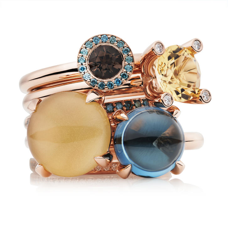 Sushi Ring 750 Roségold mit blauen Brillanten und Rauchquarz