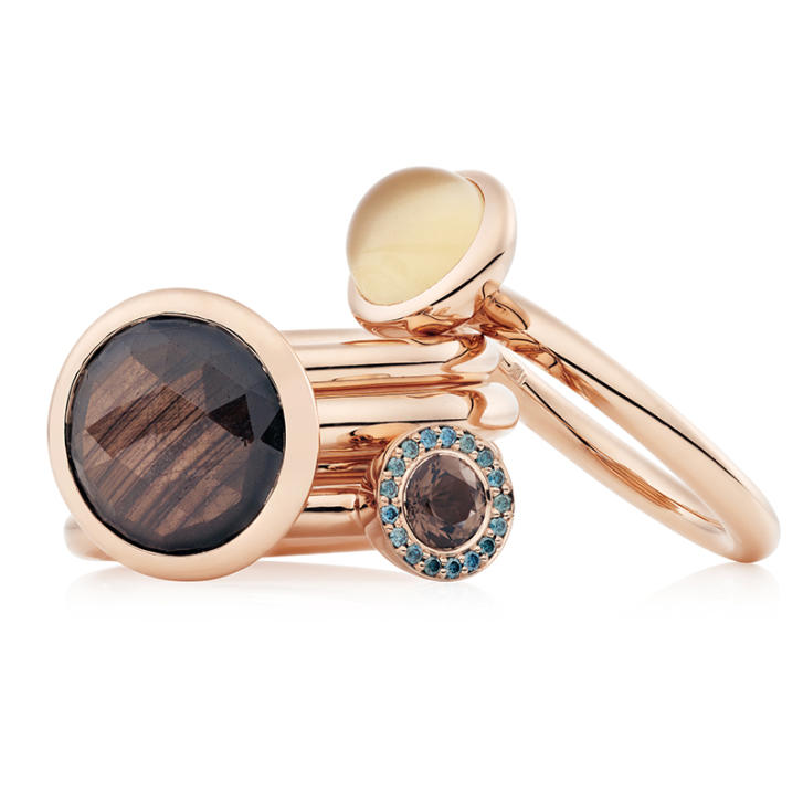 Sushi Ring 750 Roségold mit blauen Brillanten und Rauchquarz