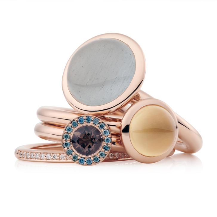 Sushi Ring 750 Roségold mit blauen Brillanten und Rauchquarz