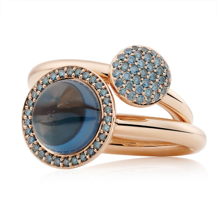 Bron Sushi Ring 10 mm 750 Roségold mit blauen Brillanten und London blue Topaz