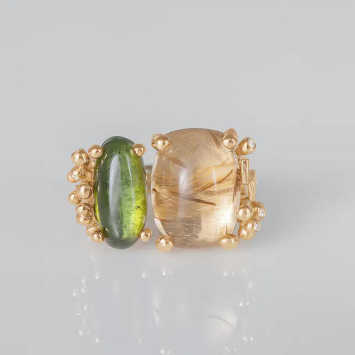 BoHo Ring 750 Gelbgold mit Rutilquarz, grünem Turmalin & Brillanten
