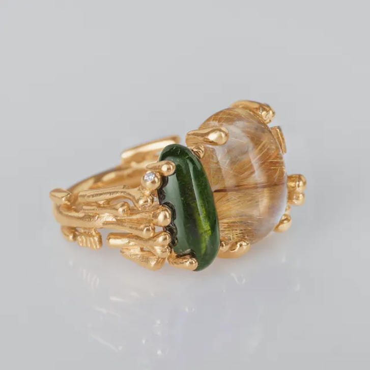 BoHo Ring 750 Gelbgold mit Rutilquarz, grünem Turmalin & Brillanten