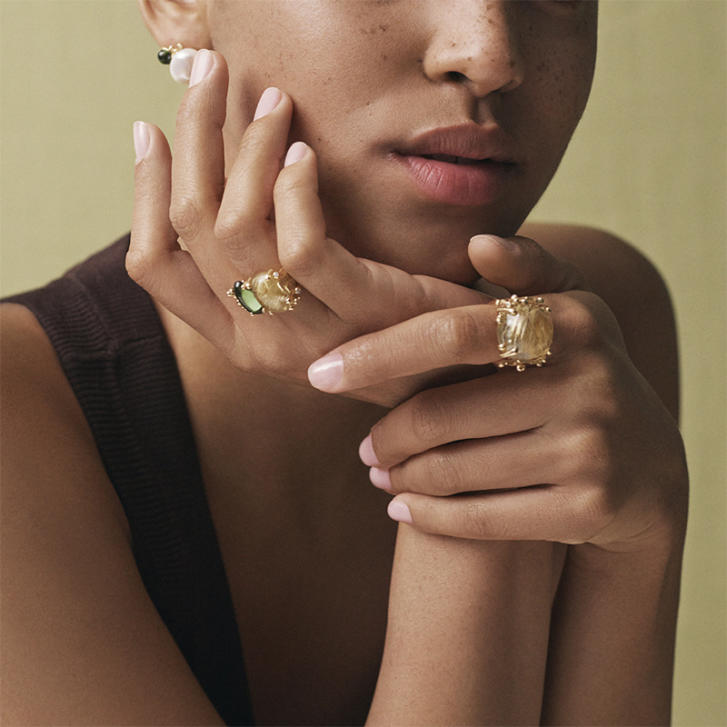BoHo Ring 750 Gelbgold mit Rutilquarz, grünem Turmalin & Brillanten