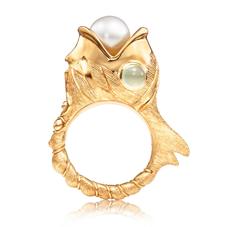 Young Fish Ring 750 Gelbgold mit Aquamarin & weißer Akoya Perle