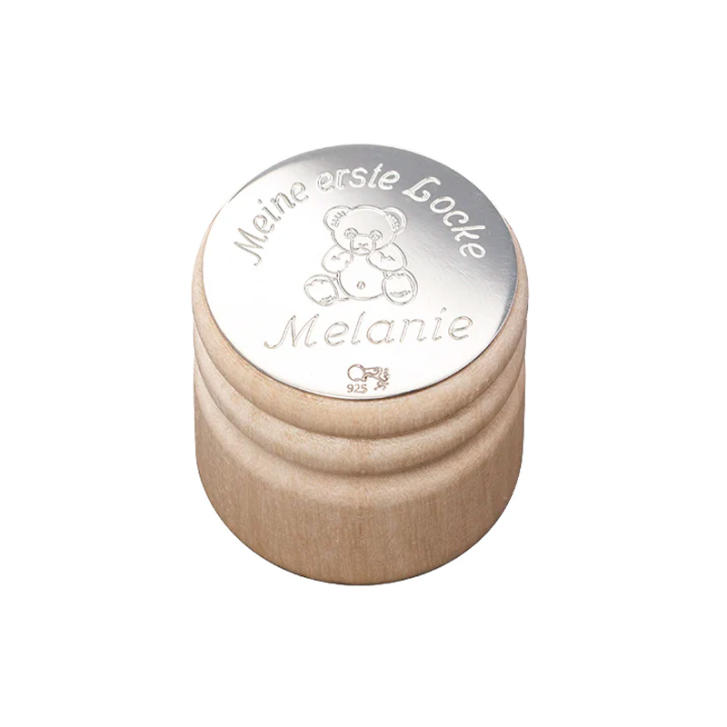 Memory Lockendose Buchenholz & 925 Silber Gravurplatte mit Teddy-Motiv