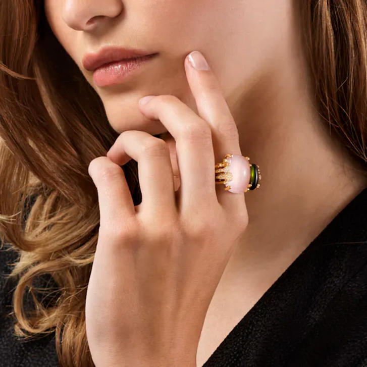 BoHo Ring 750 Gelbgold mit grünem Turmalin, Rosenquartz & Brillanten