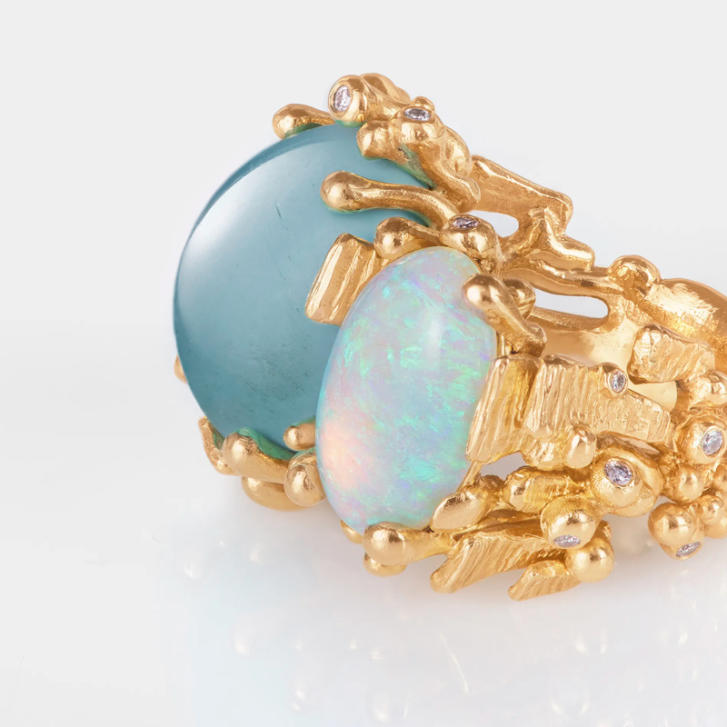 BoHo Ring 750 Gelbgold mit Aquamarin, Opal & Brillanten