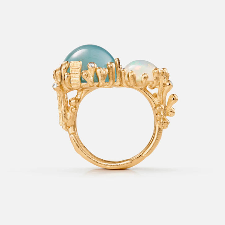 BoHo Ring 750 Gelbgold mit Aquamarin, Opal & Brillanten