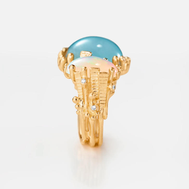 BoHo Ring 750 Gelbgold mit Aquamarin, Opal & Brillanten
