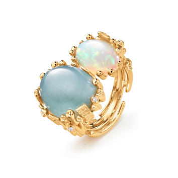 BoHo Ring 750 Gelbgold mit Aquamarin, Opal & Brillanten