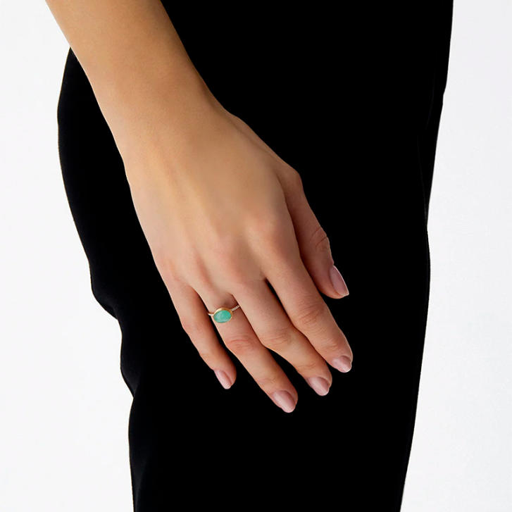 Boules Ring 750 Gelbgold mit Bergkristall, Jadeit & Brillanten, klein
