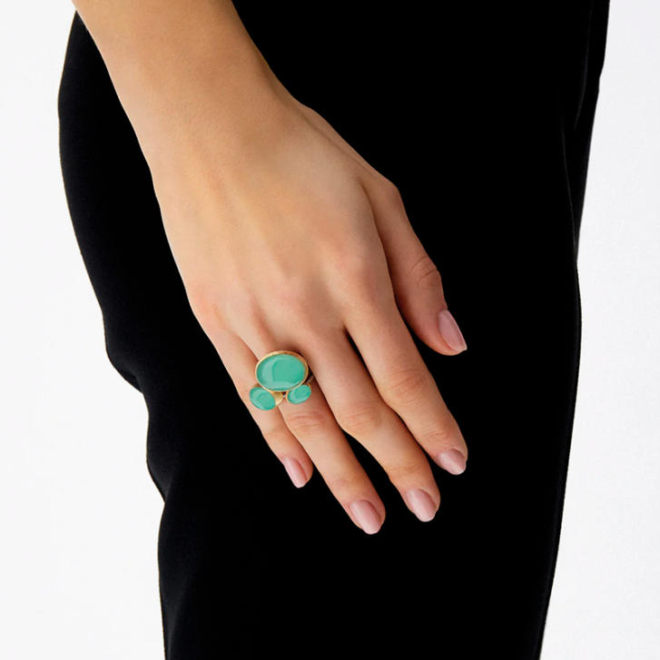 Boules Ring 750 Gelbgold mit Bergkristall, Jadeit & Brillanten, klein