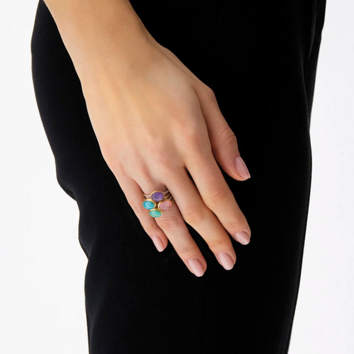 Boules Ring 750 Gelbgold mit Bergkristall, Jadeit & Brillanten, klein
