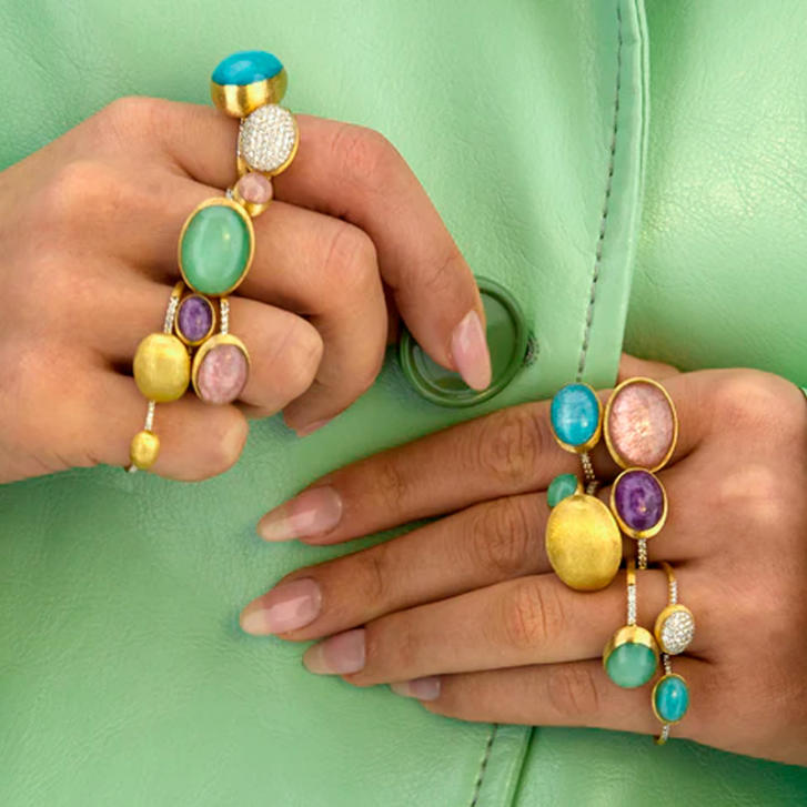 Boules Ring 750 Gelbgold mit Bergkristall, Jadeit & Brillanten, klein