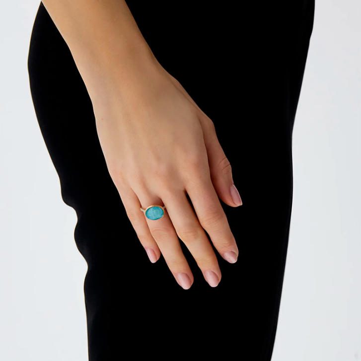 Boules Ring 750 Gelbgold mit Bergkristall, Amazonit & Brillanten, medium