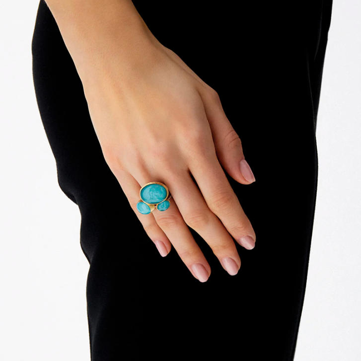 Boules Ring 750 Gelbgold mit Bergkristall, Amazonit & Brillanten, medium