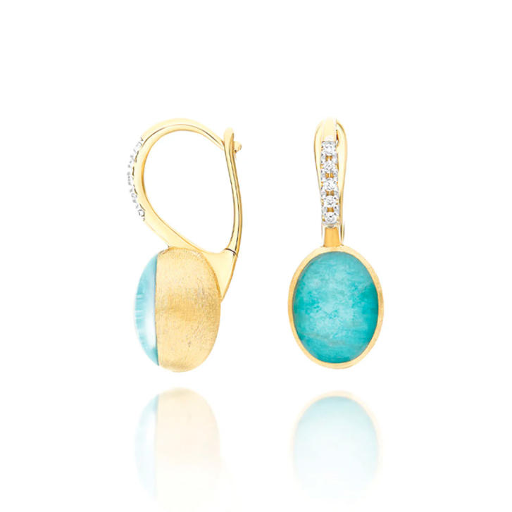 Boules Ohrringe 750 Gelbgold mit Bergkristall, Amazonit & Brillanten, klein