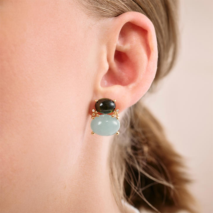 OL BoHo Ohrringe 750 Gelbgold mit grünem Turmalin, blauem Aquamarin & Brillanten