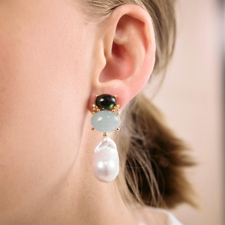 OL BoHo Ohrringe 750 Gelbgold mit grünem Turmalin, blauem Aquamarin & Brillanten