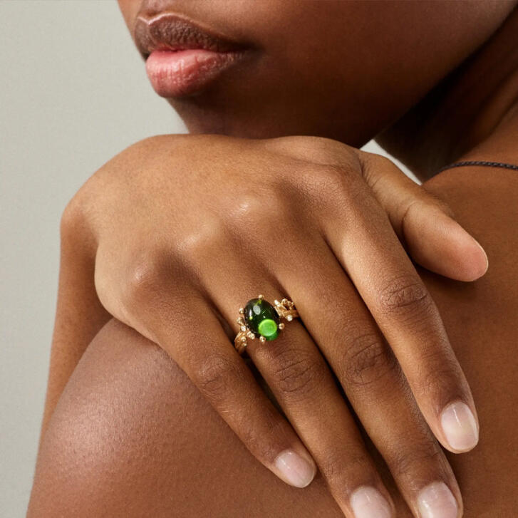 BoHo Ring 750 Gelbgold mit grünem Turmalin & Brillanten