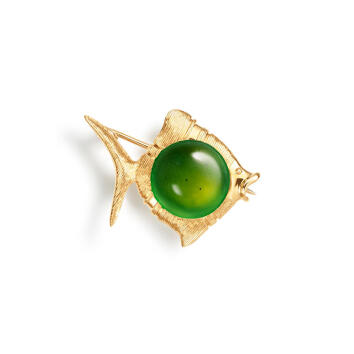 Young Fish Brosche 750 Gelbgold mit Serpentin