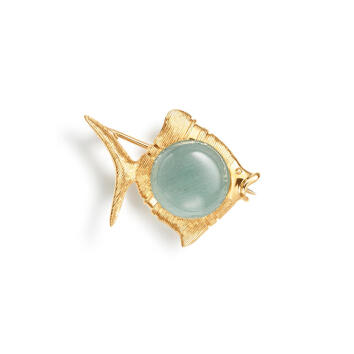 Young Fish Brosche 750 Gelbgold mit Aquamarin