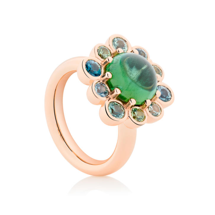 Confetti Ring 750 Roségold mit grünem Tourmalin & Saphir-Mix