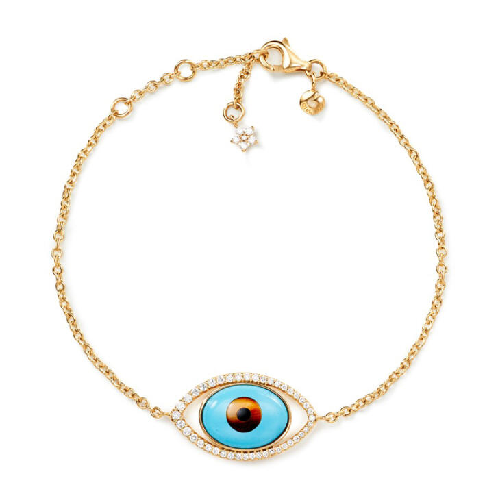 Shooting Stars Evil Eye Armband 750 Gelbgold mit Türkis, Tigerauge-Quarz, Onyx & Brillanten