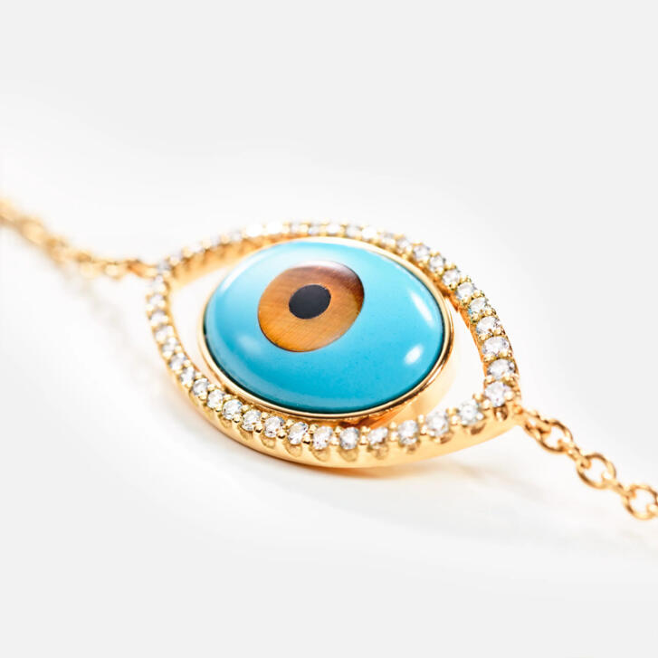Shooting Stars Evil Eye Armband 750 Gelbgold mit Türkis, Tigerauge-Quarz, Onyx & Brillanten