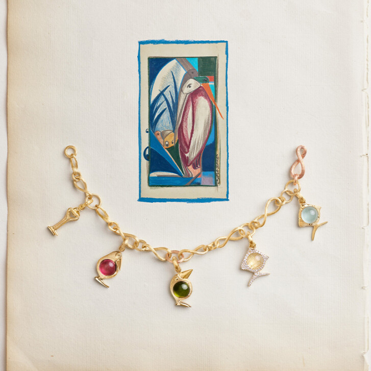 Bird Family Charm 750 Gelbgold mit grünem Turmalin
