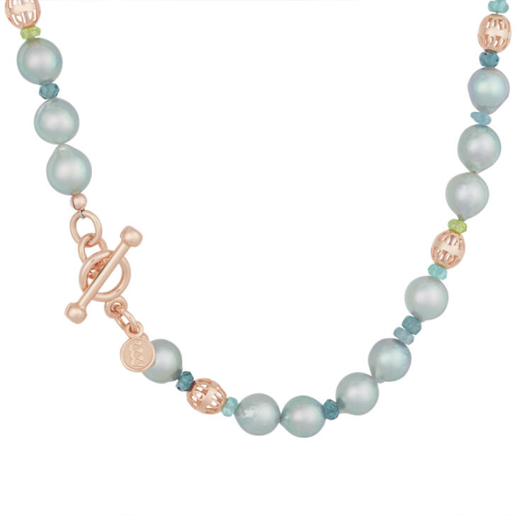 Edelstein Kette Mix 750 Roségold mit Akoya Perlen, London Blue Topas, Peridot & Apatit